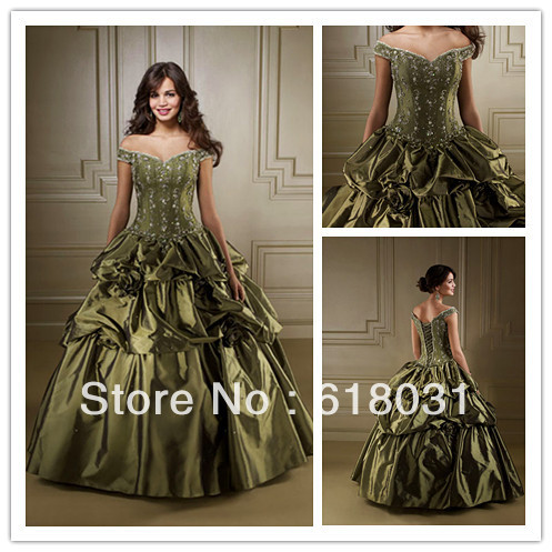 2013 New Chic ball gown off the shoulder floor-length pick-up olive puffy Quinceanera 15 gowns 81006