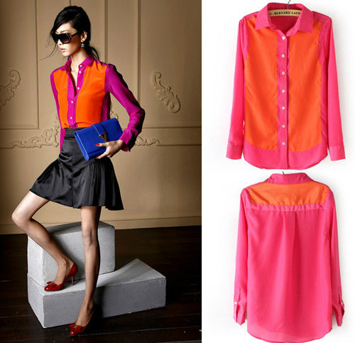 2013 New Color Block Neon Color Turn-Down Collar Long Sleeve Blouse Shirt Top 0124#
