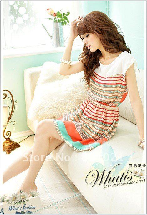 2013 New Colorful Stripes Mini Dress Free Bowknot Belt Womens Dresses free shipping Y1728