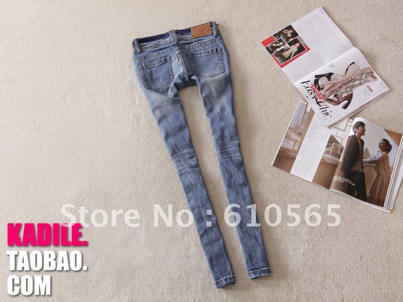 2013 new cotton Autumn vintage fashion retro finishing hole elastic low-waist light blue skinny jeans for woman free shipping