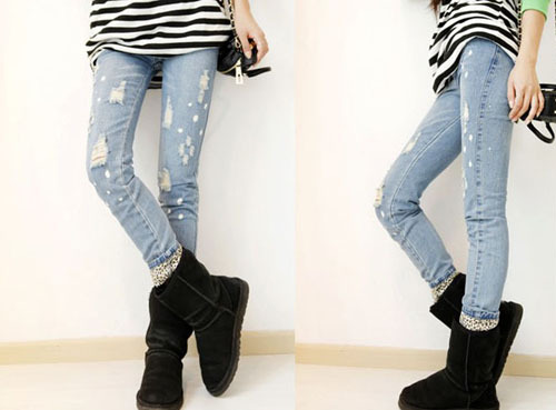 2013 New Cowboy Feet Pants Leopard Grain Fashion Flanging Hole Spray Personality Jeans sl13010713