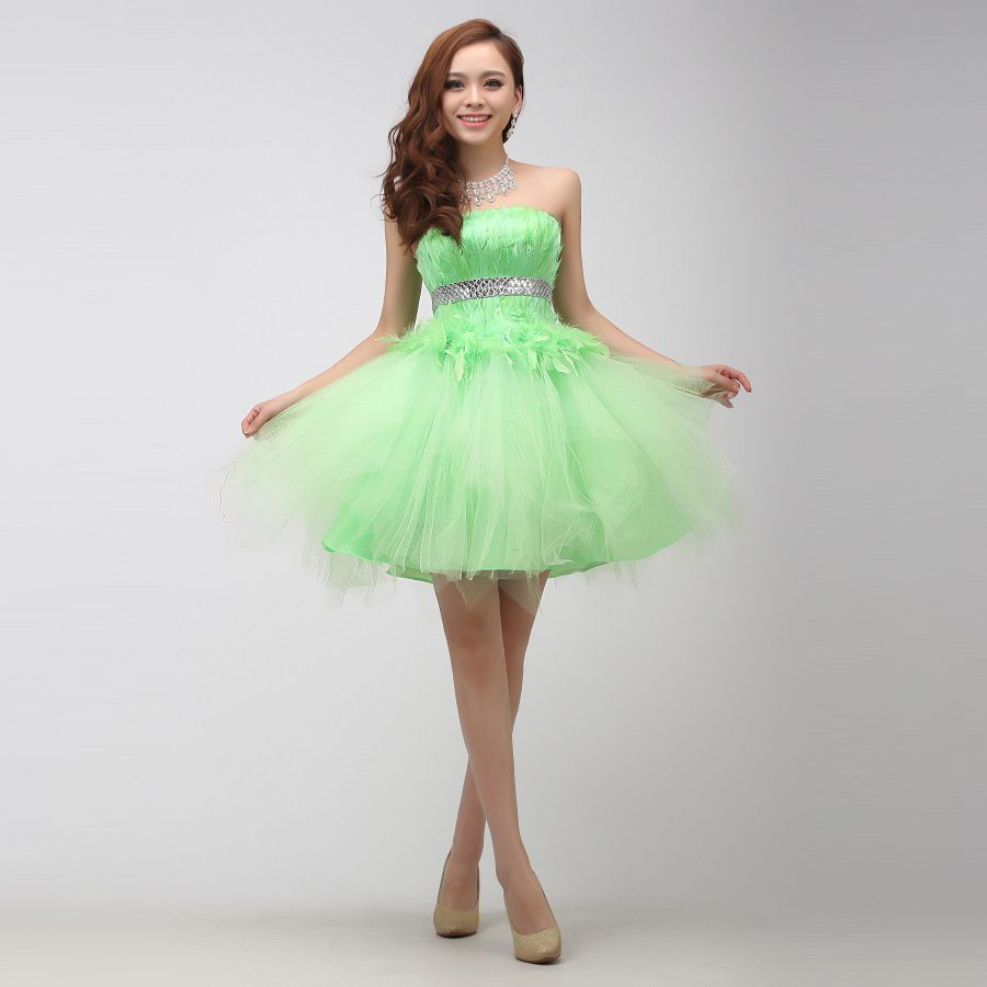 2013 New cute strapless beading green feather organza short prom cocktail dresses 2013