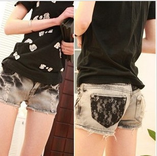 2013 new denim shorts, denim hot pants smoke the gray lace frayed wild cowboy shorts     Free Shipping