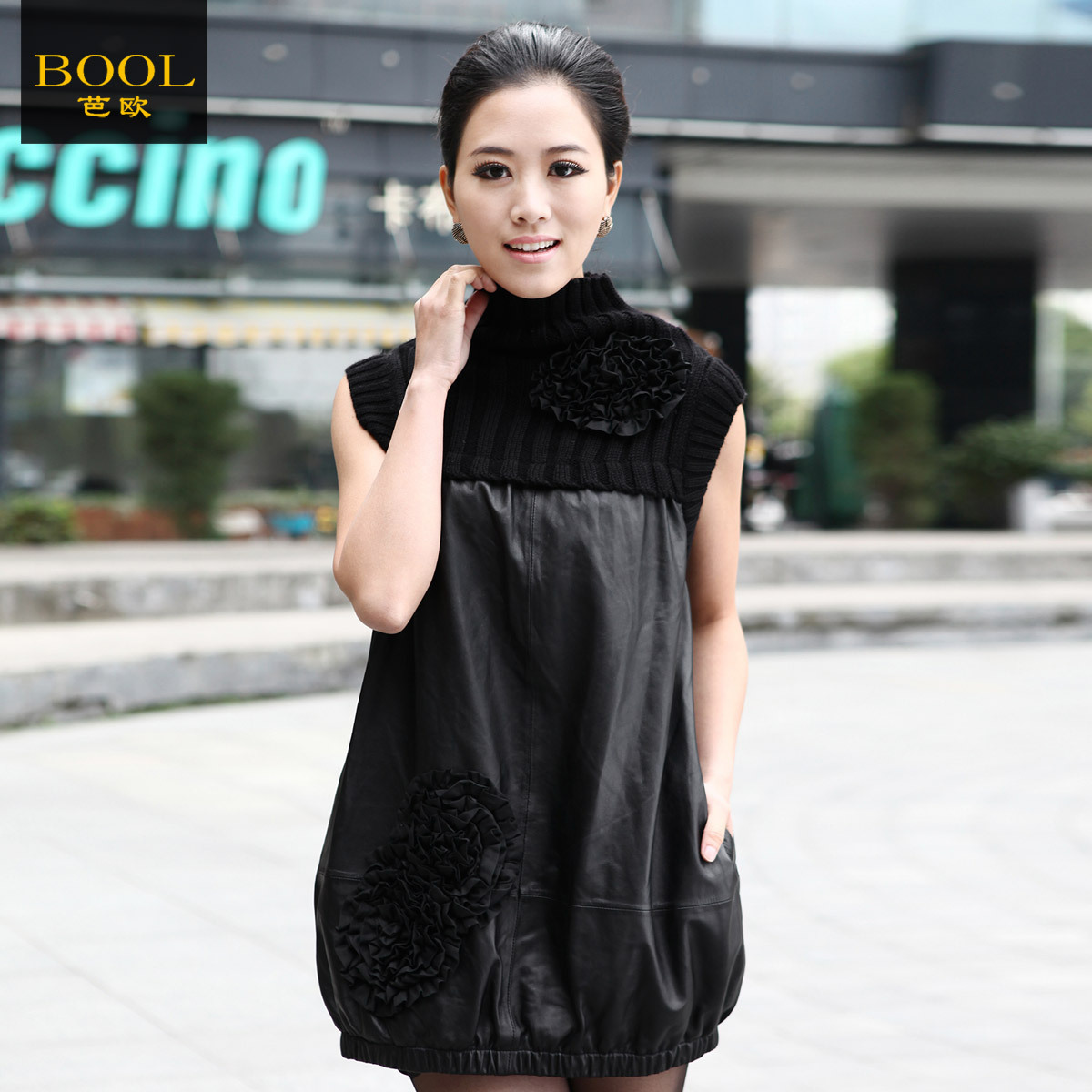 2013 new design Bool 2013 knitted patchwork sheepskin genuine leather skirt one-piece dress 1521