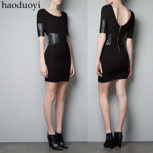 2013 new design Deep V-neck zipper back PU patchwork half sleeve faux leather waist   plus size available