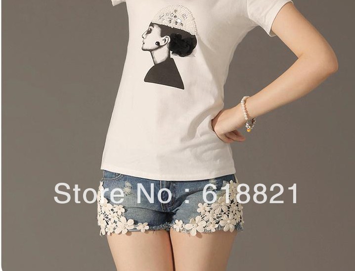 2013 New Design Delicate Beautiful Pearl Lace Flower Broken Jean Shorts