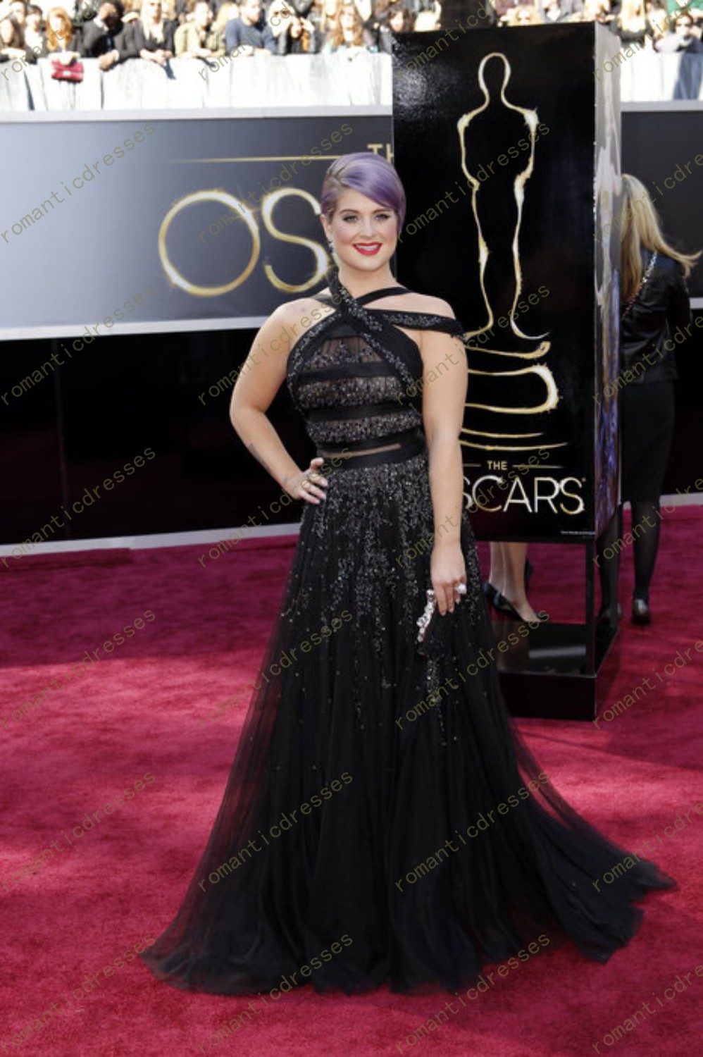 2013 New design! Fashion Free Shipping Ruffles Ruched Tulle Black Bling Red Carpet Kelly Osbourne Celebrity Dresses