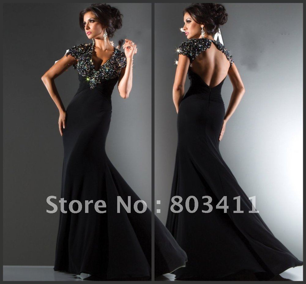 2013 New Design Free Shipping Cap Sleeve Slim A-Line V-Neckline Beaded Evening Dress
