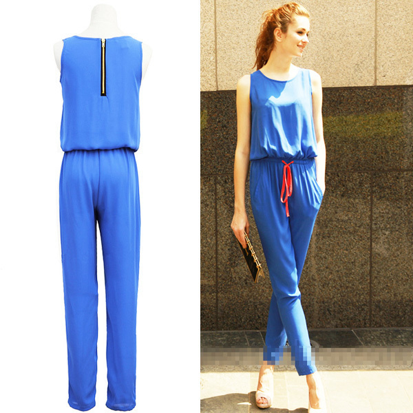 2013 New Designer Sexy Zipper Pocket Color Block Belt Jumpsuit Skinny Pants Free Shipping