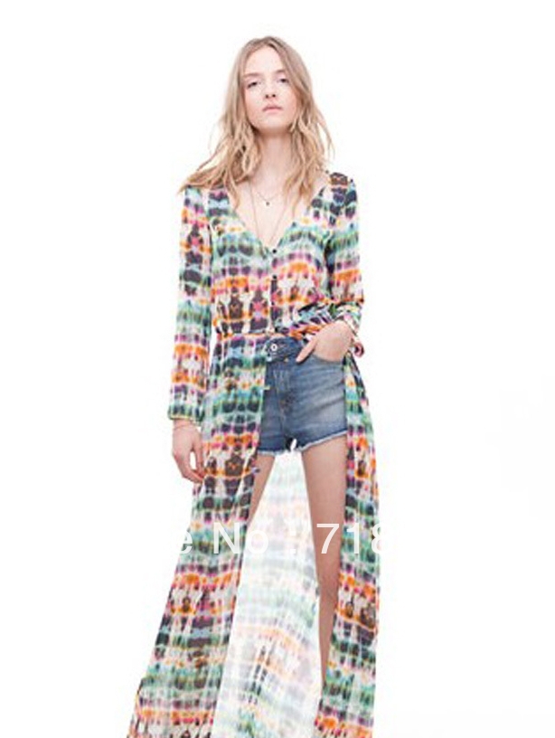 2013 NEW Dip Dye Shirred Waist Chiffon Long Cardigan Shirt Blouse Dress