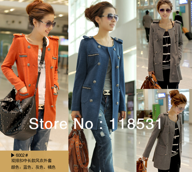 2013 new double-breasted round neck and long sections of pure color retro windbreaker Special Free Shipping