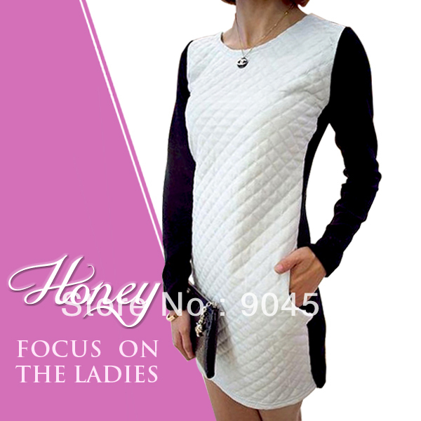2013 New Dress Free Shipping bud Cotton Patchwork Faux Mini Leather Dress Women Ladies Fashion Knitted Casual Dress 1358