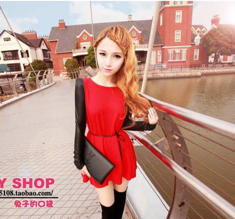2013 New Dress Free Shipping bud Cotton Patchwork Faux Mini Leather Dress Women Ladies Fashion Knitted Casual Dress