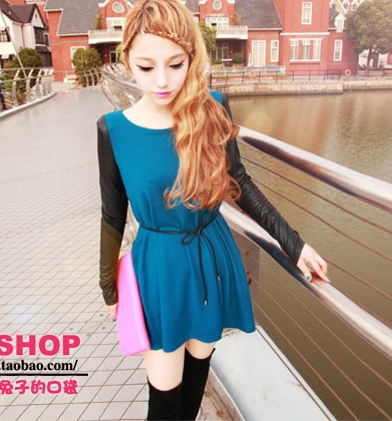 2013 New Dress Free Shipping bud Cotton Patchwork Faux Mini Leather Dress Women Ladies Fashion Knitted Casual Dress