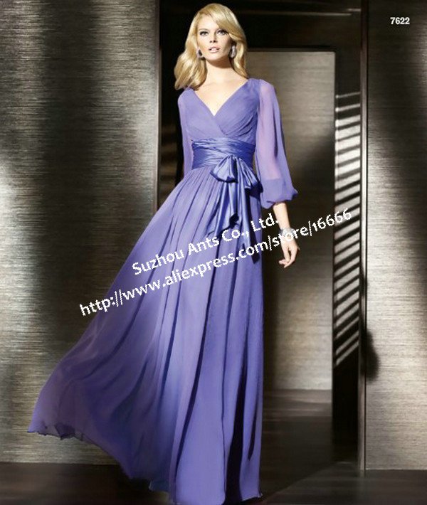 2013 New Elegant Fshion V-Neck Long Sleeve Evening Dress Gown With Sashes Chiffon Purple MD162