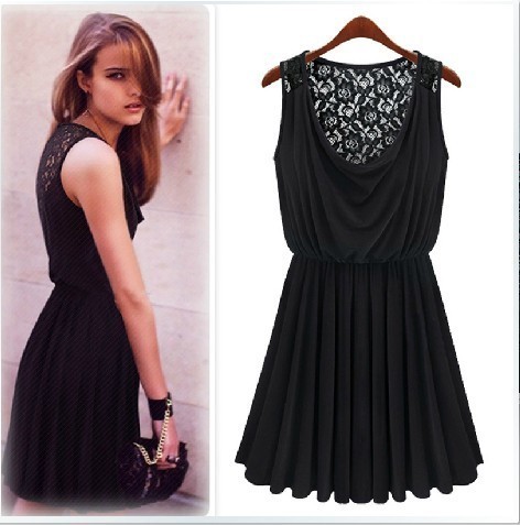 2013 New European Style Fashion Sexy Black Sleeveless Lace Back Milk Silk Pleated Knee-Length Dresses Free Shipping A041