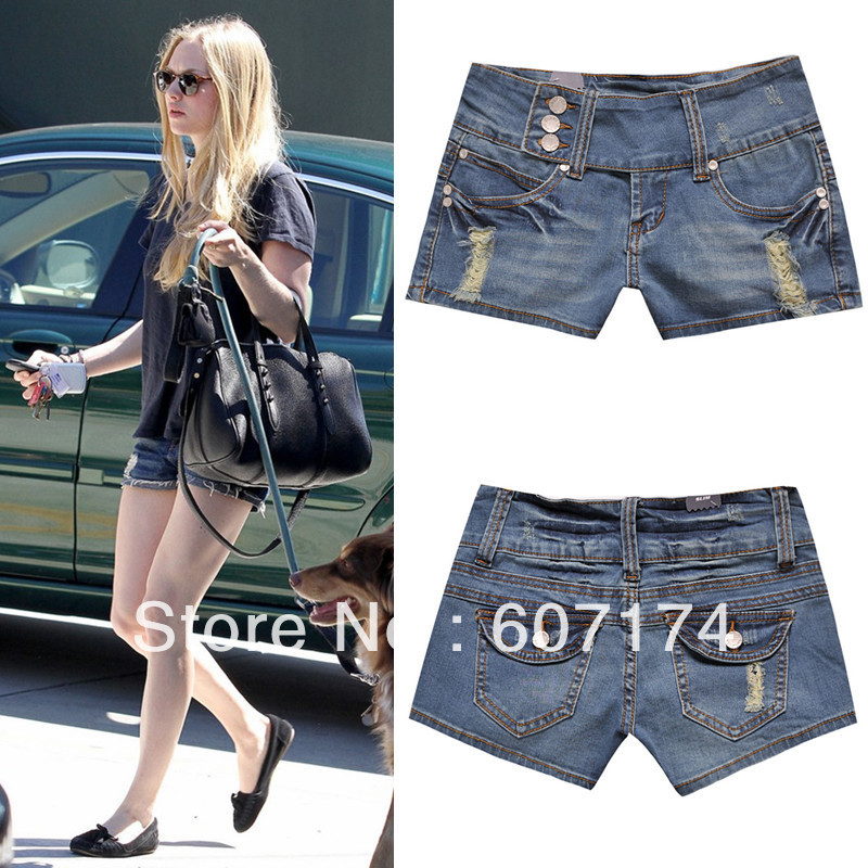2013 New European Style Stylish Women Brand High quality buttons blue tight hole jeans shorts casual lady's shorts #2427