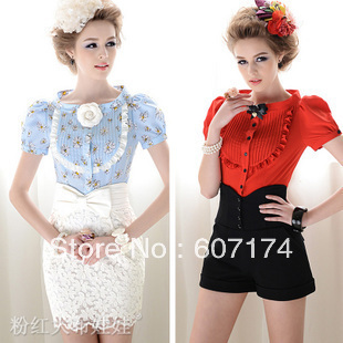 2013 New European Style Stylish Women summer pressure pleated ruffle bubble shirt OL short-sleeve shirt&blouse #2383