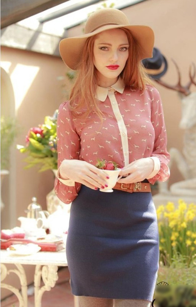 2013 NEW, European style sweet cute dog printed long sleeve chiffon ladies blouse shirt