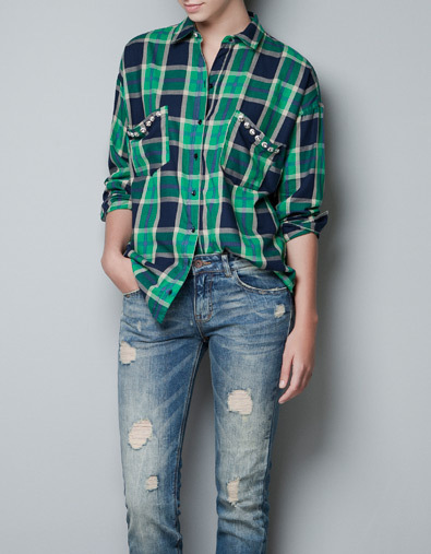 2013 NEW excellent quality,  European style exclusive rivet fashion plaid ladie blouse shirt