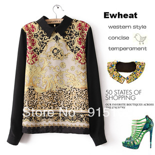 2013 NEW excellent quality, European vintage printed long sleeve black ladies blouse shirt