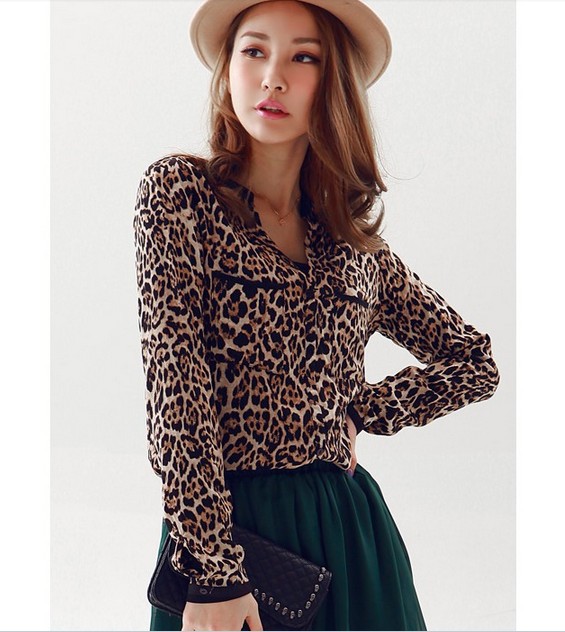 2013 New Factory Supply Free Shipping Wholesale(10pcs/lot) Women's Fashion Leopard Blouse Ladies' Sexy Shirt with Pockets
