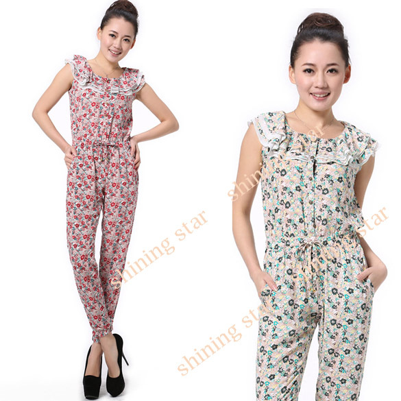 2013 New Fashiion Women's Button Flower Jumpsuit Sleeveless Romper  Green/ Red S M L S11228