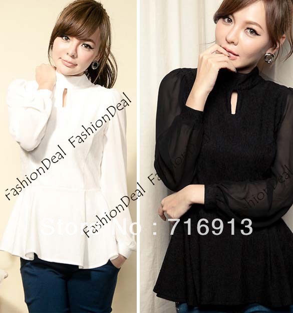 2013 New Fashin Elegant Women Stand-collar Long Sleeve Tops Chiffon Shirts Blouse 2 Colors Free Shipping 11064
