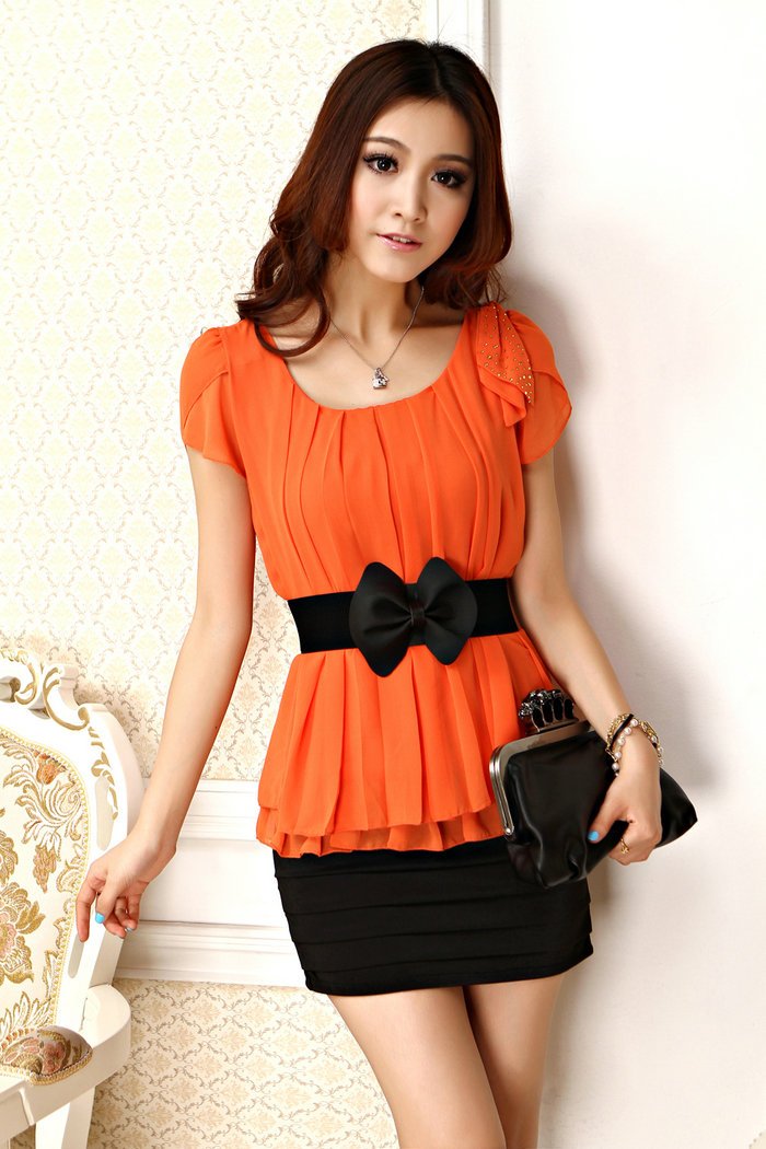 2013 New Fashion Casual Women Chiffon Dresses with Belt Cute Novelty Mini Chiffon Dress Sheath Korean Style Free Shipping