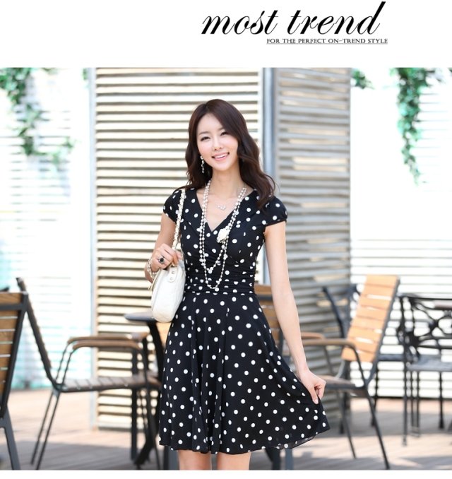 2013 New Fashion Casual Women Dresses Cute Career Novelty Dress Preppy Style  Dots Print Knee-length Plus Size