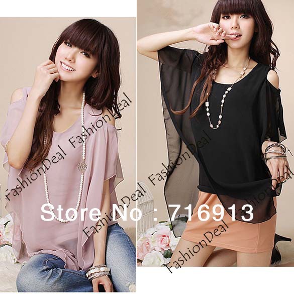 2013 New Fashion Charming Women Off-shoulder Splicing Chiffon Shirts Tops Blouse 2 Colors Free Shipping 11076