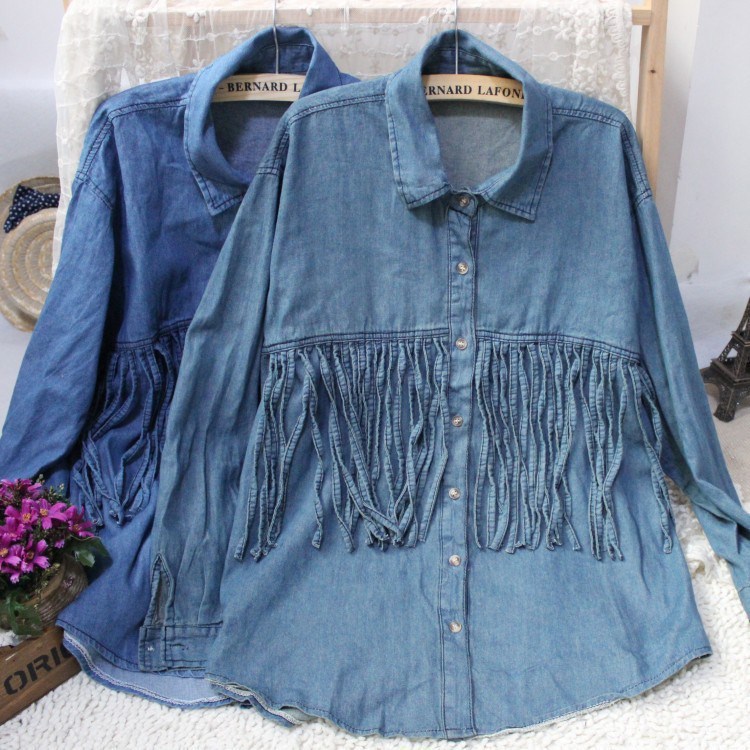 2013 New Fashion! Denim Fringe Tassel Loose Blouse Shirt With Collar Shirt And Tops Blue Free Style