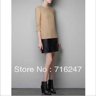 2013 New Fashion Dress For Women Spring And Autumn  PU Leather Splicing Contrast Color Dress  Casual  Dress  For  Women