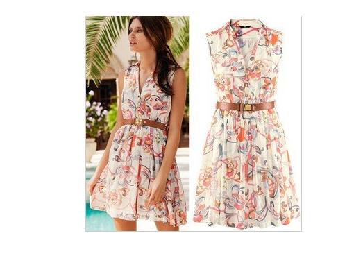2013 new fashion elegant v-veck flower print dress chiffon sleeveless slim casual with free belt Brand design Free shipping
