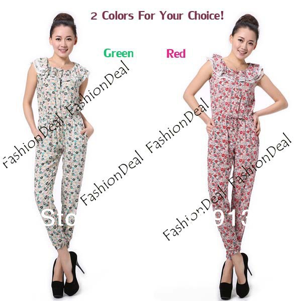 2013 New Fashion Elegant Women's Button Flower Print Romper Sleeveless Jumpsuit S M L Free Shipping 11228