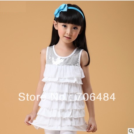 2013 new fashion kids clothing summer girls ruffle princess top sequined white tshirt for girl/clothing wholesale free shipping
