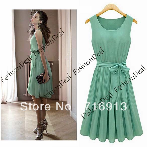2013 New Fashion Korea Women's Elegance Round Collar Sleeveless Bow Pleated Vest Chiffon Dress Free Shipping 10259