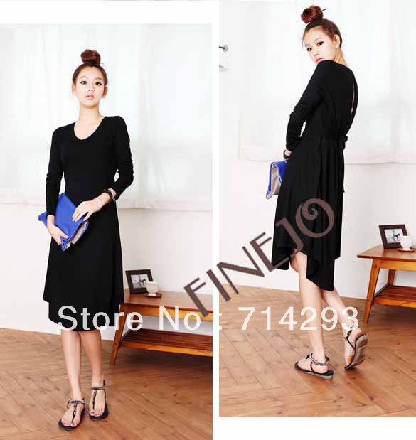 2013 New Fashion Korea Women's O-neck Long Sleeve Slim Fit Irregular Hem Dress With Belt Free shipping 8961