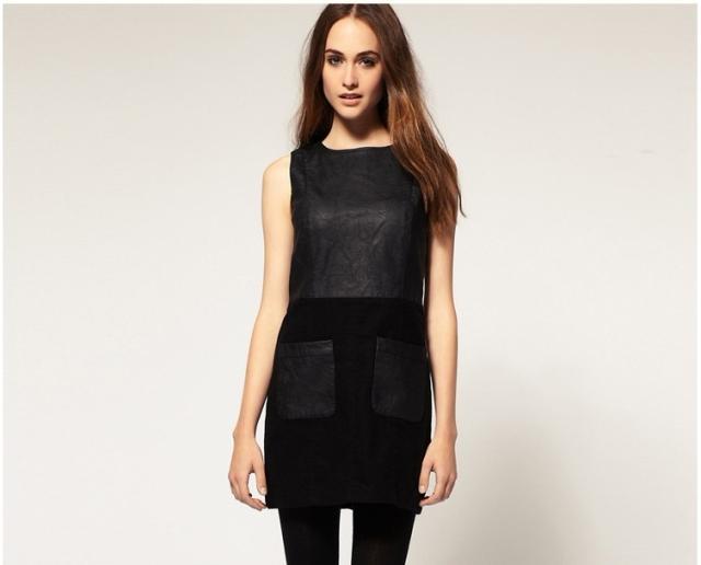 2013 new fashion ladies' black PU leather patchwork sleeveless dresses european slim casual vintage OL dress with pocket