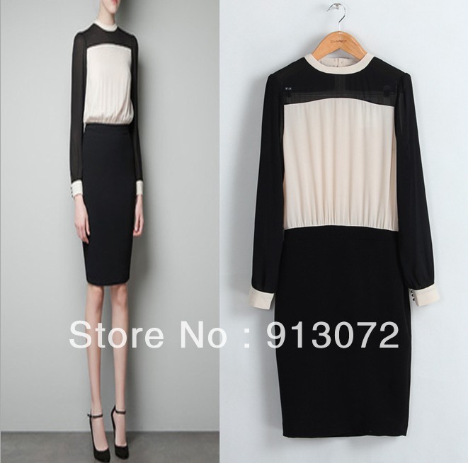 2013 New Fashion Ladies' elegant OL Black Dresses Long sleeve Patchwork long sleeve o neck work career dress cascul slim