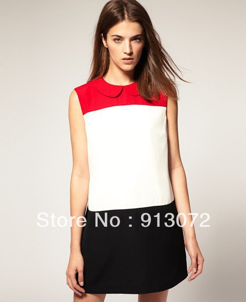 2013 New Fashion Ladies' elegant Red Black white Dress sleeveless mini hot patchwork color dress party Vintage cascul slim dress