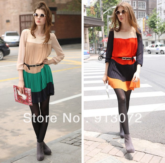 2013 New Fashion Ladies' elegant Vintage Color Blocking Dresses cascul slim O neck brand designer dresses high quality hot sale