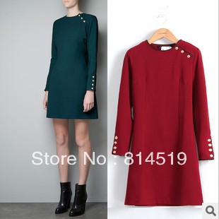 2013 New Fashion Ladies' elegant Vintage Military Uniform Dresses Army style casual long sleeve slim O-neck brand design quality