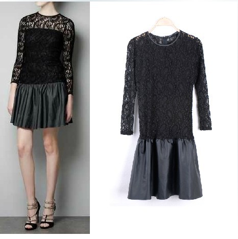 2013 New Fashion Ladies' Elegant Vintage Sexy Black Lace PU Leather Dresses Patchwork Cascul Slim Long Sleeve Brand Quality