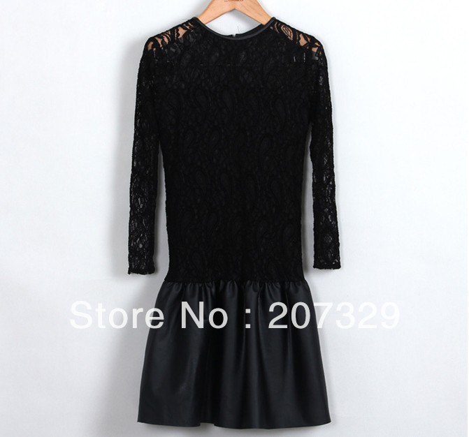 2013 New Fashion Ladies' elegant Vintage Sexy Black Lace PU leather Dresses patchwork cascul slim long sleeve brand quality
