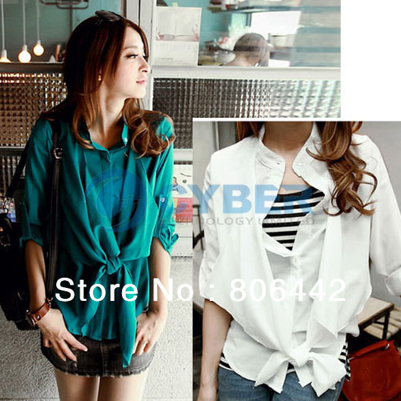 2013 New Fashion Ladies Women's Long sleeve Button Down Shirt Chiffon Blouse Top 2 Colors Free Shipping 9481