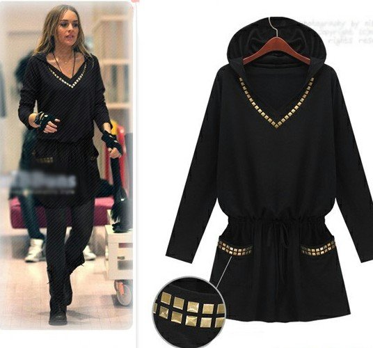 2013 new fashion large size women dress plus size clothing hooded v neck one piece casual dress for women 4XL free shipping