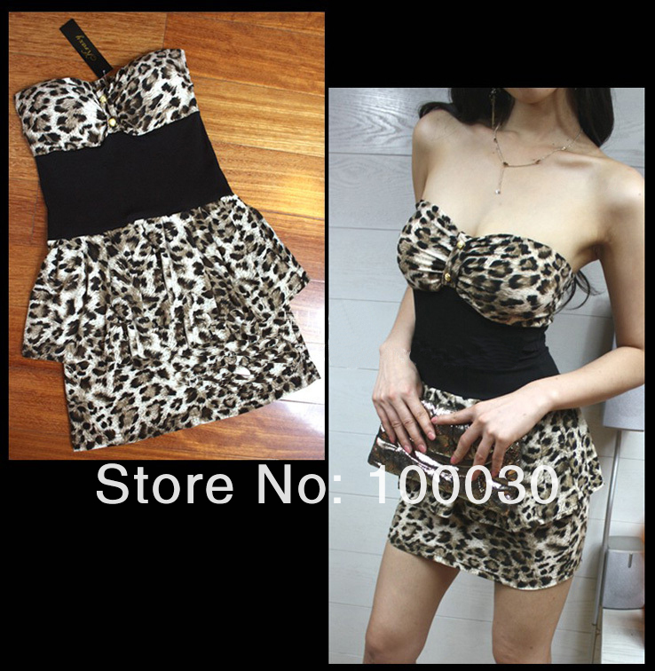 2013 New Fashion Leopard Dress Fitted Low-Cut Strapless Sexy Mini Skirt Prom Leopard Chest  Wrapped 3 Colors For Party