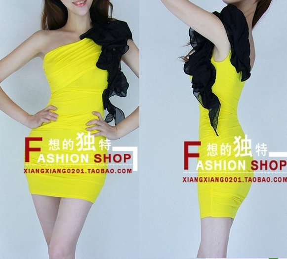 2013 New Fashion Night Club Sexy Slim Hip Tight Silk Elegant Ladies Dress Yellow
