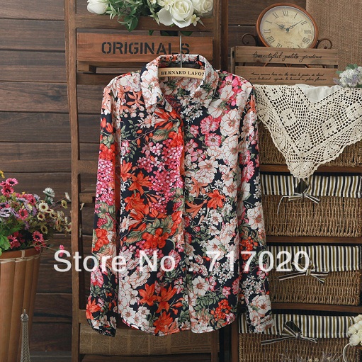 2013 New Fashion OL Style Simple Casual Womens' Vintage Flower Print Long Sleeve Chiffon Blouses Ladies Fashion Shirts S M L